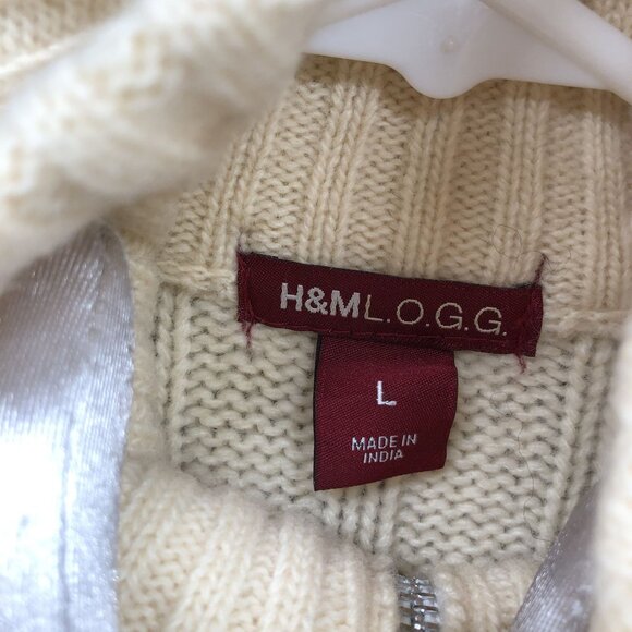 H&M Wool Stretch Cable Knit Zip Sweater Womens L Cream Mock Neck Fisherman - Picture 7 of 8
